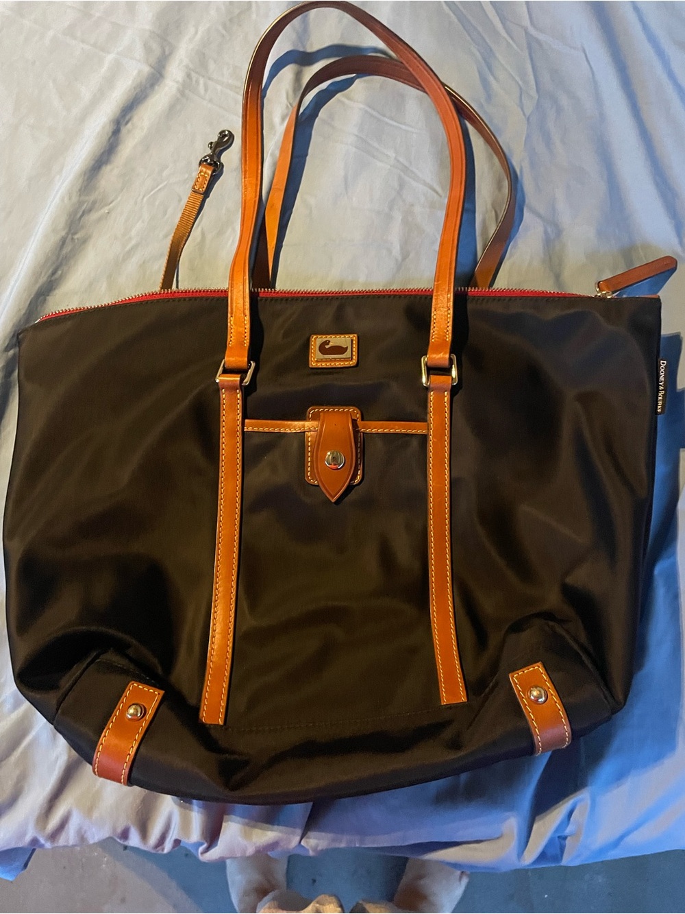 Dooney & Bourke Black Nylon Tote with Brown Leather Trim and Red Zipper